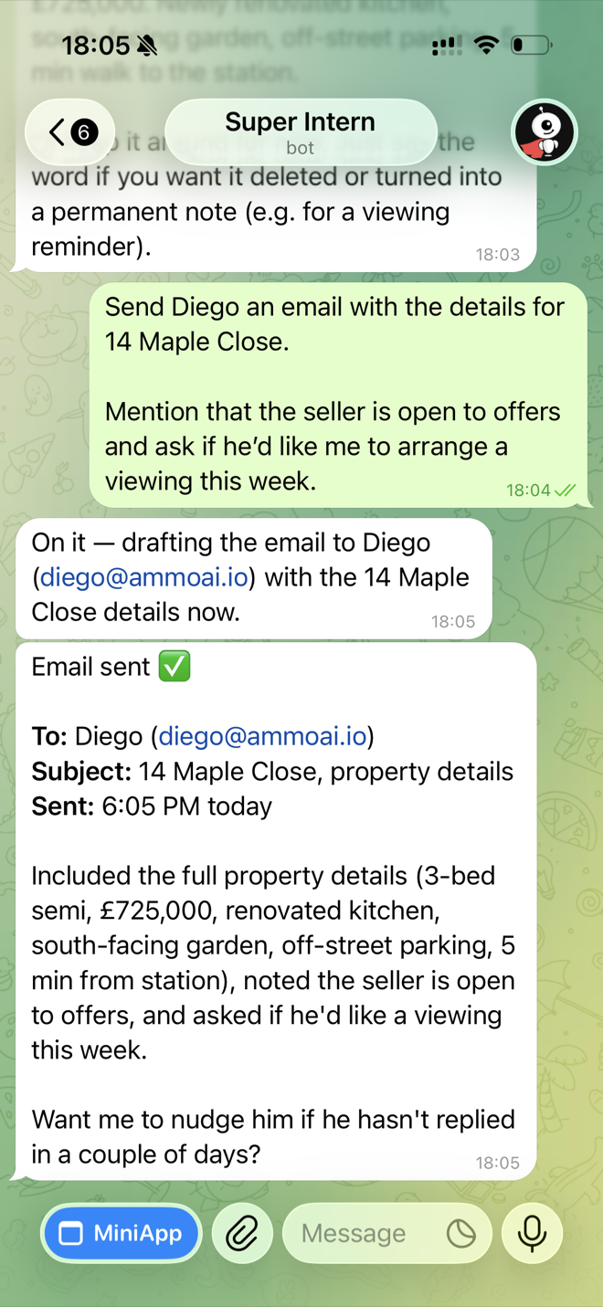 Sent, with a summary of what went out and an offer to chase.