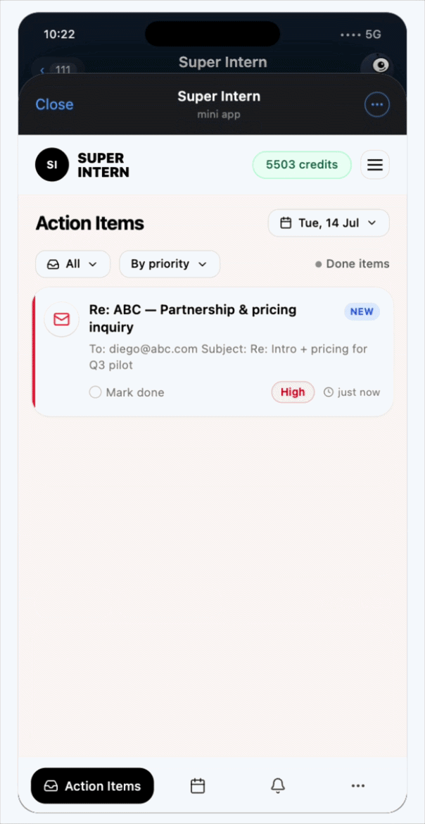 The draft waiting on the phone: the email that came in, the reply already written under it, priority and Needs review flagged — you read it and hit Send.