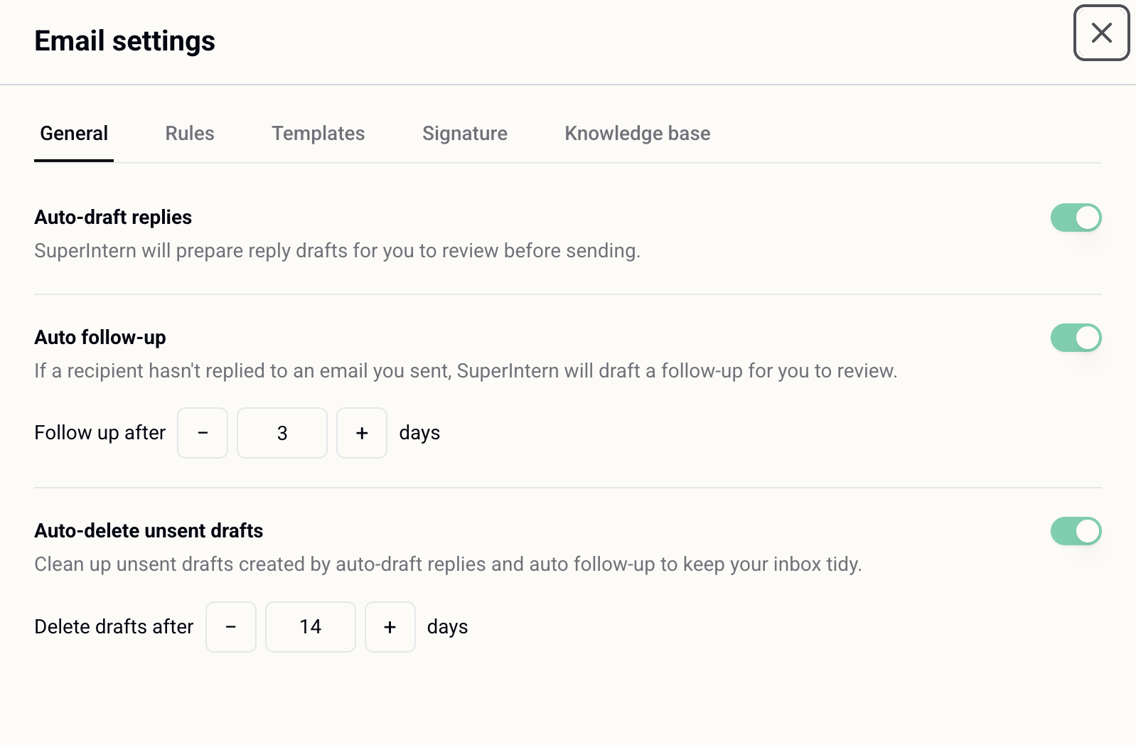 Email settings → General: auto-drafting and auto follow-up on, chasing after 3 days, with unsent drafts clearing themselves after 14.