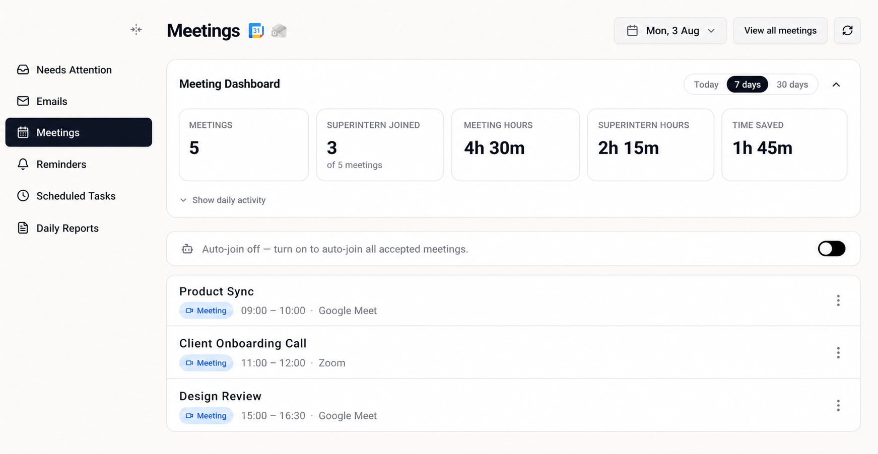 The linked calendar as it sees it: the day's events with times and where each one happens.