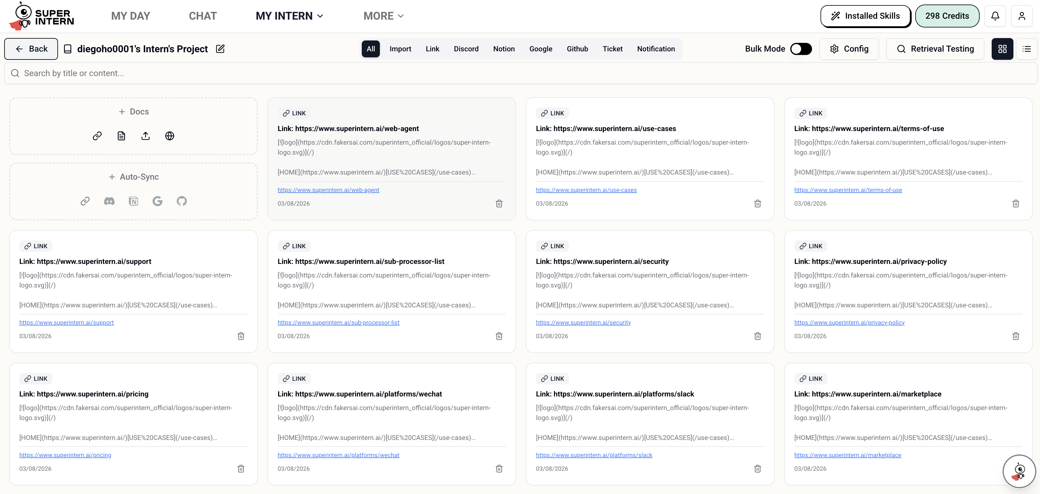 My Intern → Knowledge: every source it has been given, as searchable cards — with Docs and Auto-Sync to add more.
