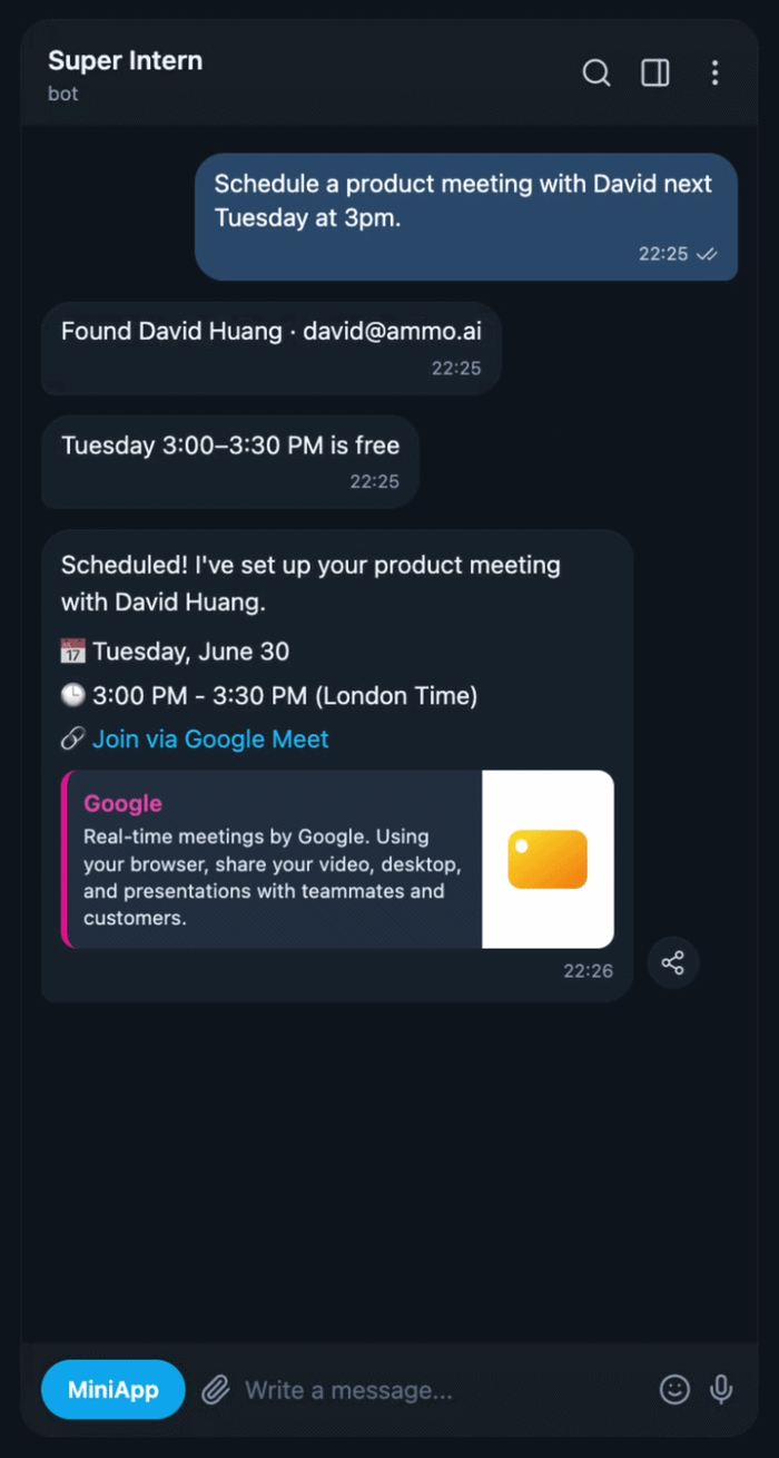 One sentence sets up the call: the person is found by name, a free slot picked, the invite sent with a Meet link, and a brief added for the discussion.