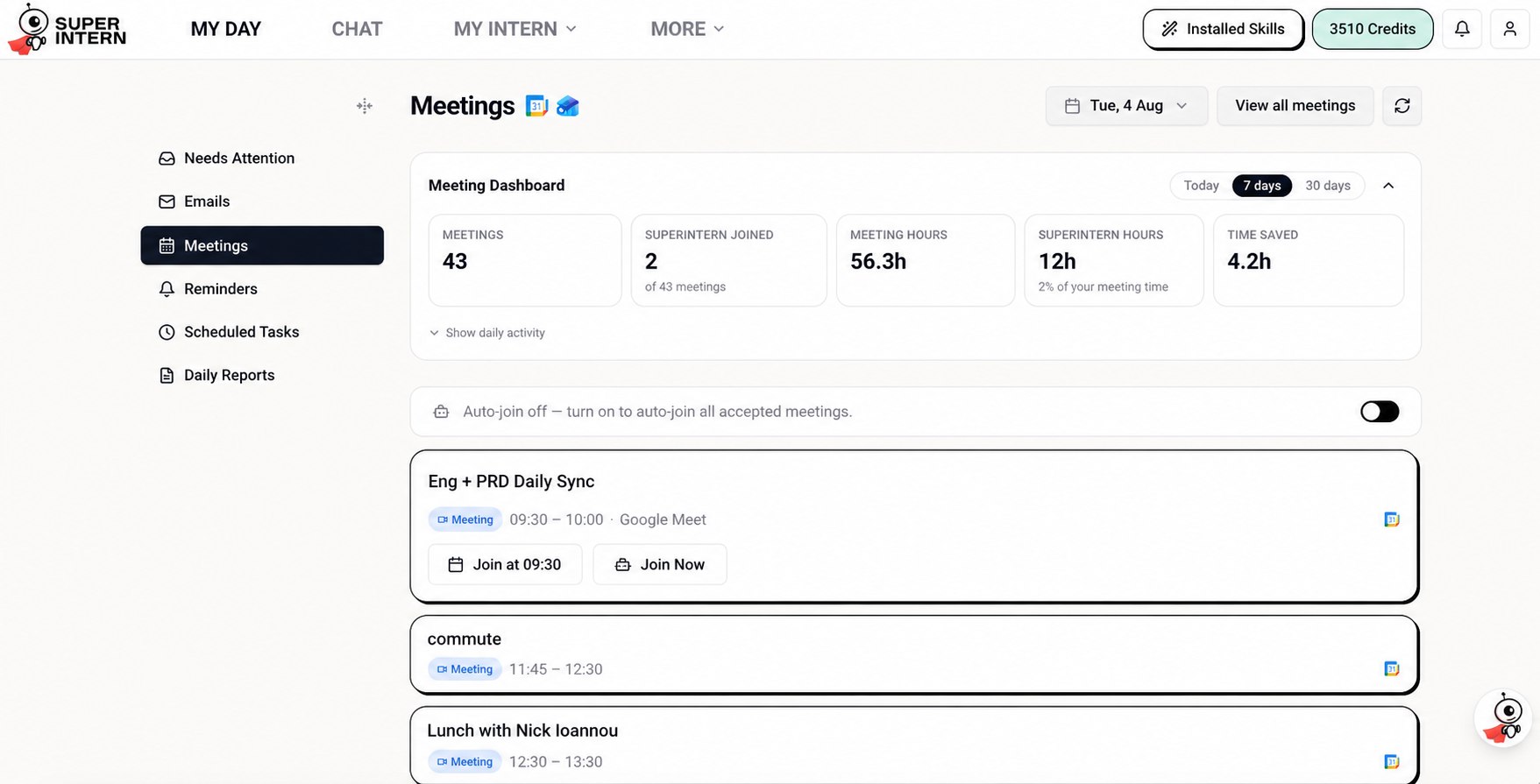 My Day → Meetings: the auto-join switch, and every meeting with Join at its start time or Join Now.