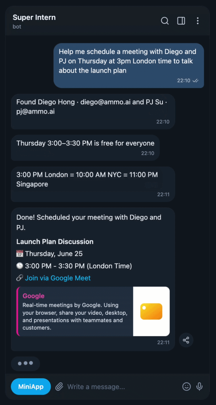 The dashboard inside Telegram — meetings, drafts and reminders.