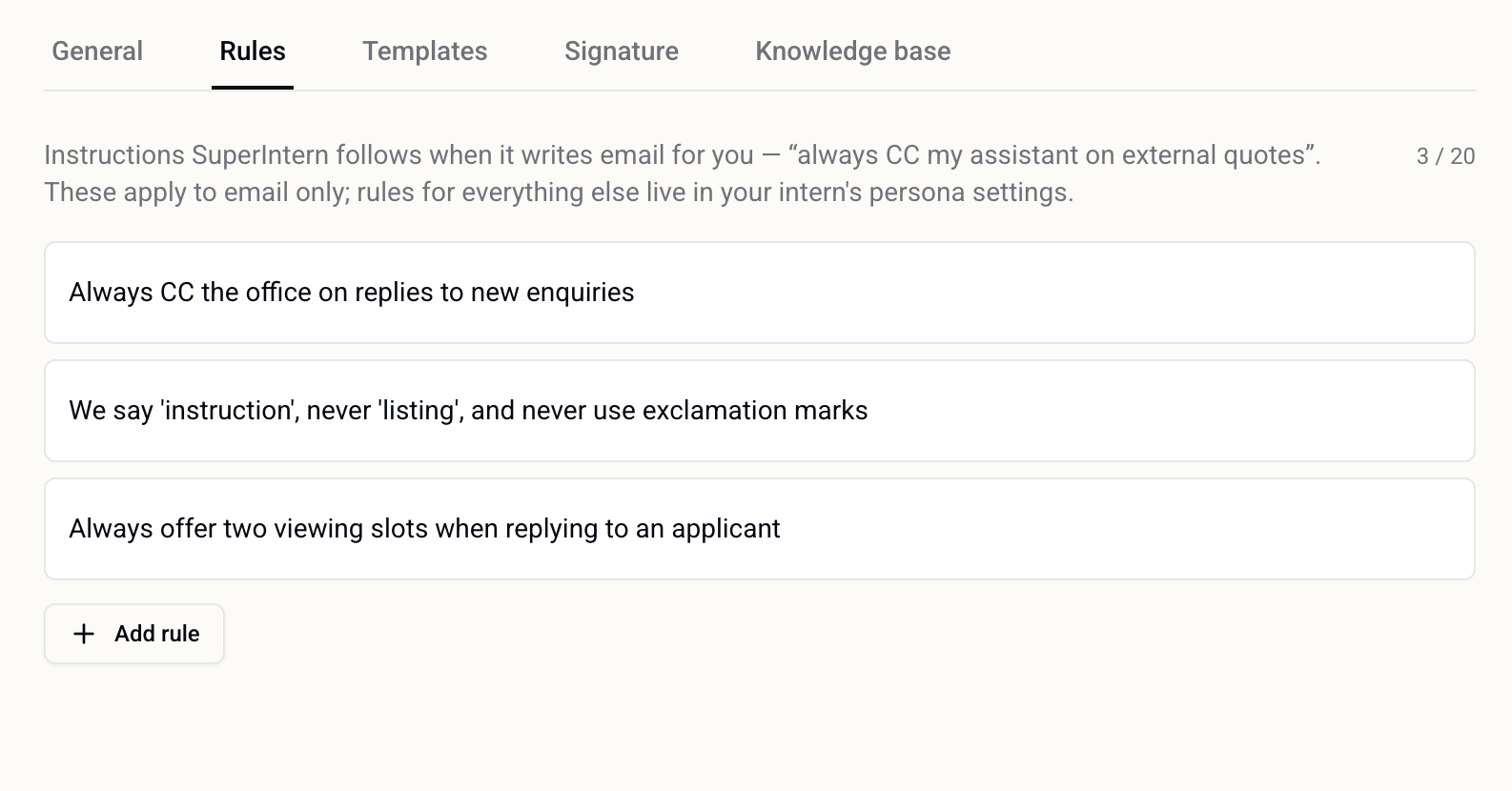 Email settings → Rules: three standing instructions, written the way you'd brief a new negotiator.