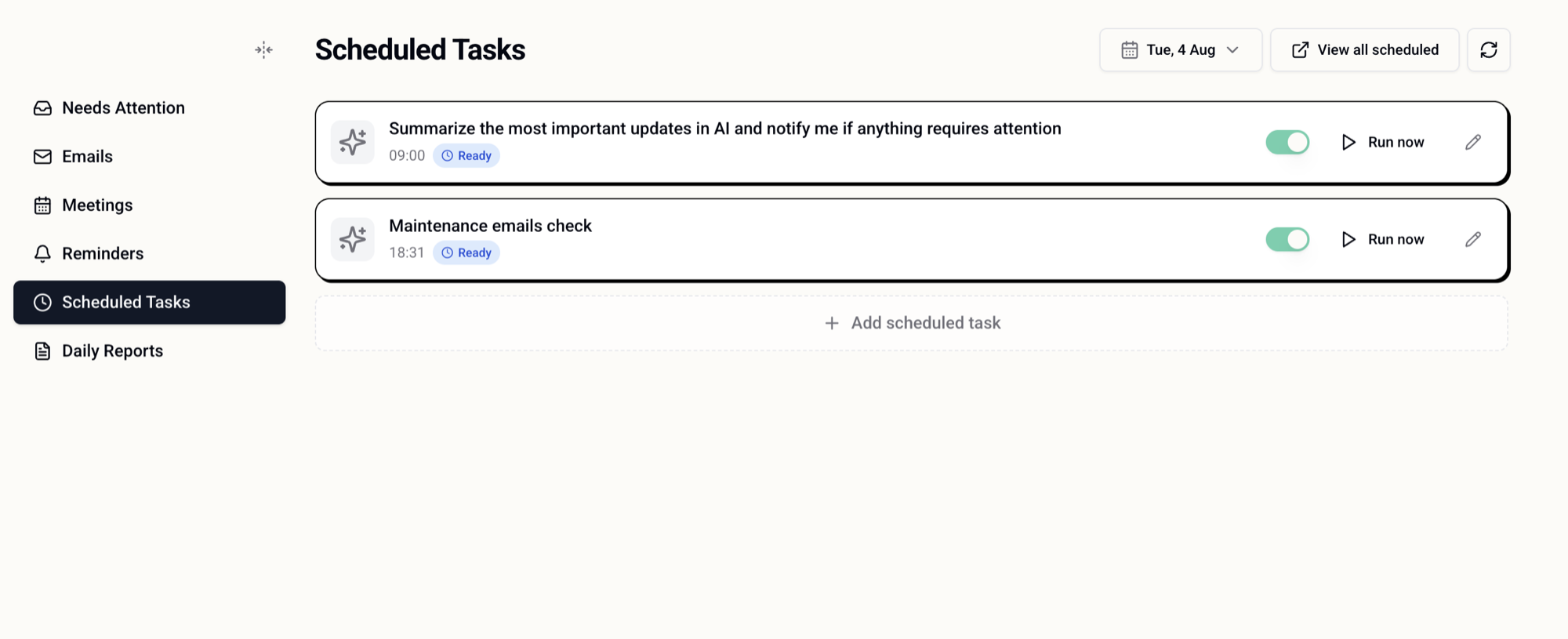 My Day → Scheduled Tasks: everything running, each on its own switch, with Run now to fire one early.