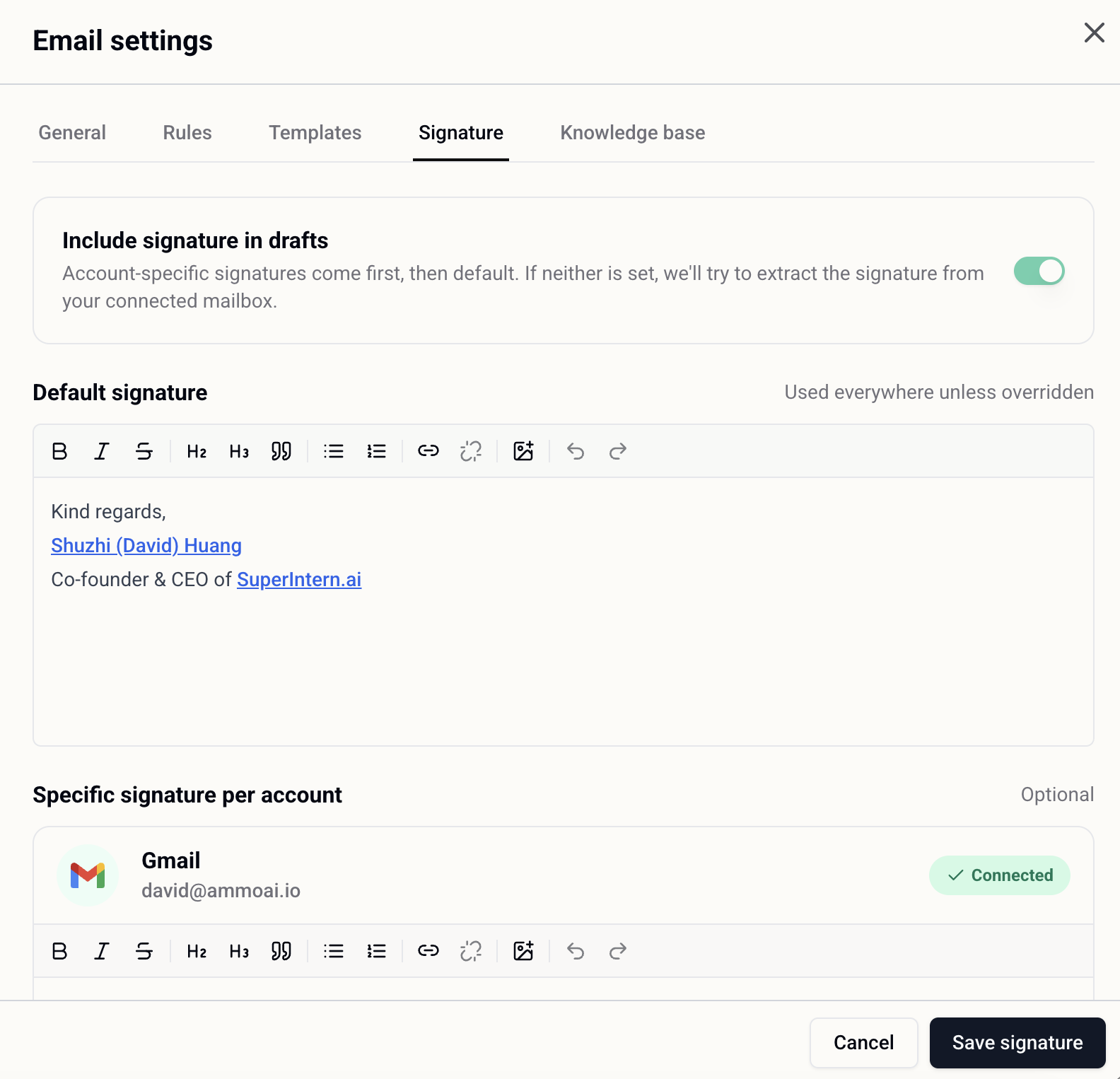 Email settings → Signature: the default signature that lands on every draft, with per-account overrides underneath.