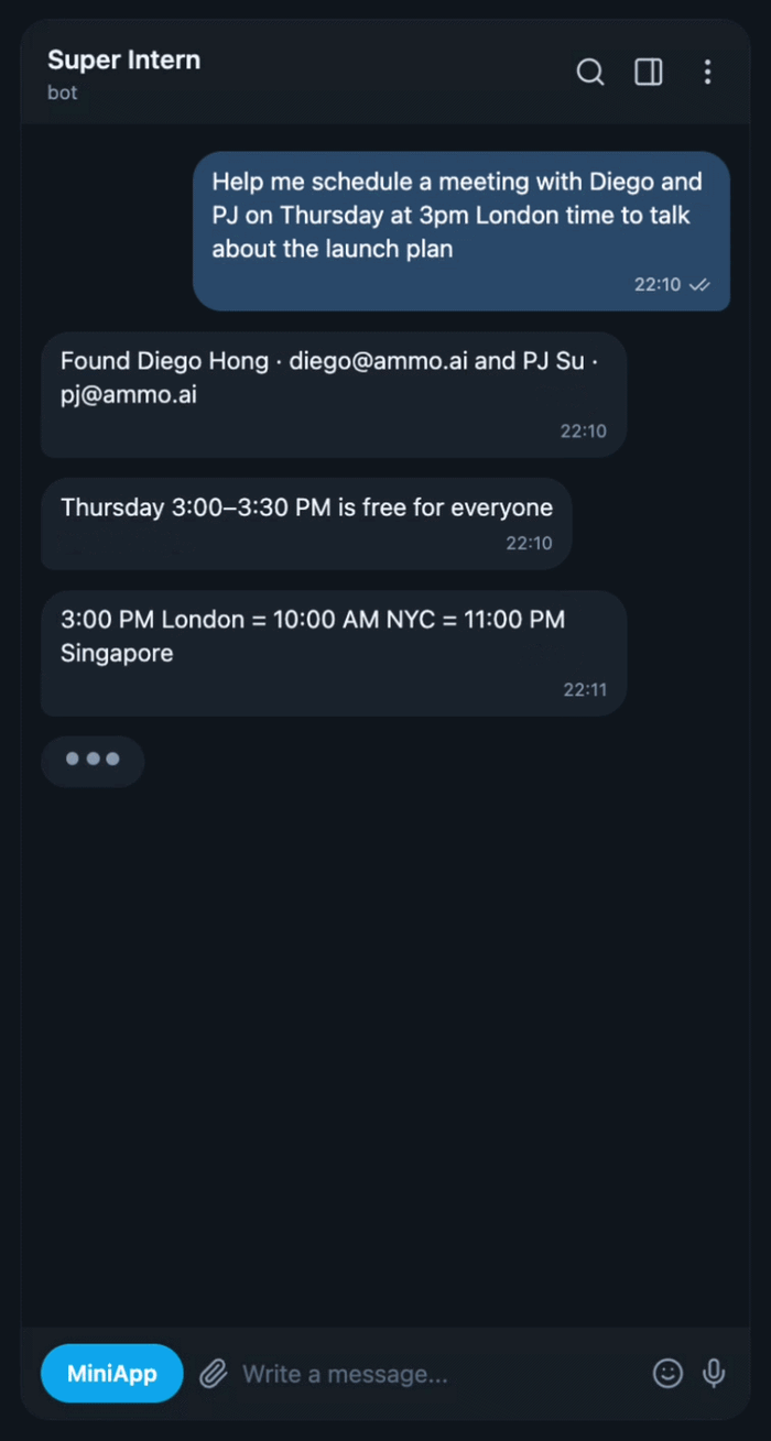 Across time zones it does the arithmetic for you — finds a slot free for everyone, then shows 3:00 PM London as 10:00 AM New York and 11:00 PM Singapore.