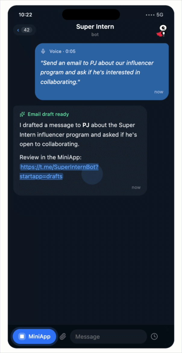 Spoken, not typed: the voice request at the top, the finished email under it marked “Generated from voice”, waiting for you to send.